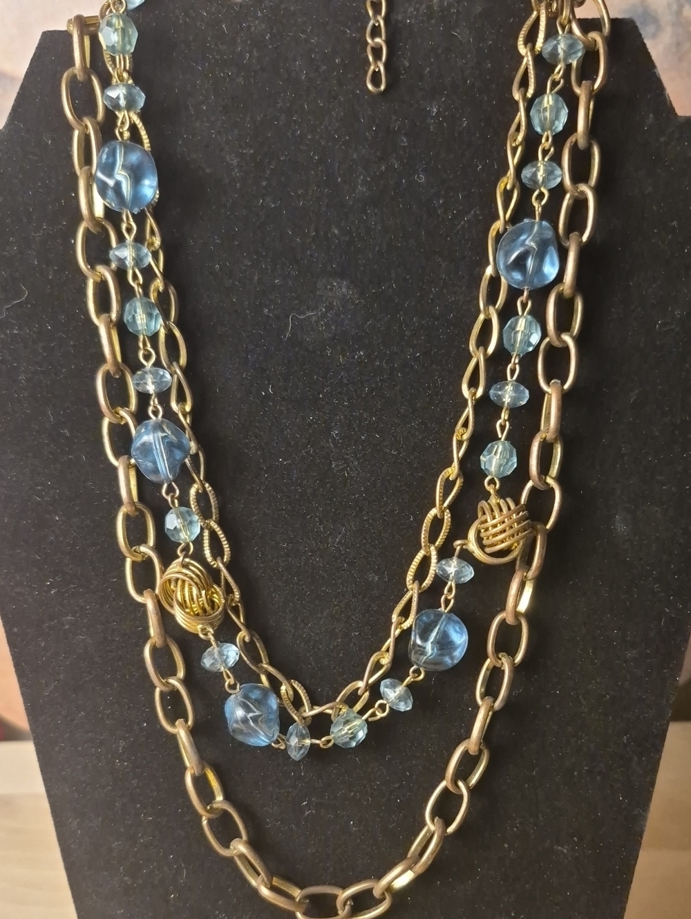 Source Unknown Gold-Tone Multi-Strand Necklace with Light Blue Beads